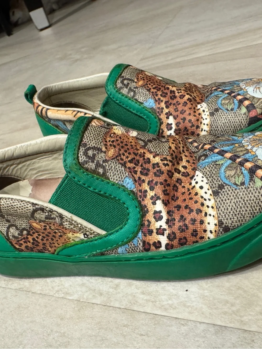 GUCCI GG Kids Slip-On Shoes loafers Leopard & Floral green guccissima boys as is